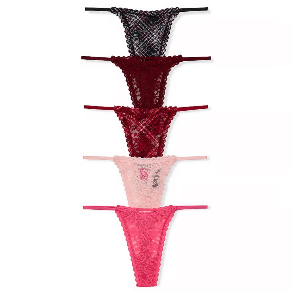 Victoria's Secret Lace Thong Pack - Black, Burgundy, Red, Pink